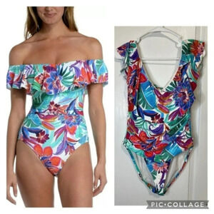 La Blanca Tropics of Tropez Off-the-Shoulder Ruffle One-Piece Swimsuit size 12